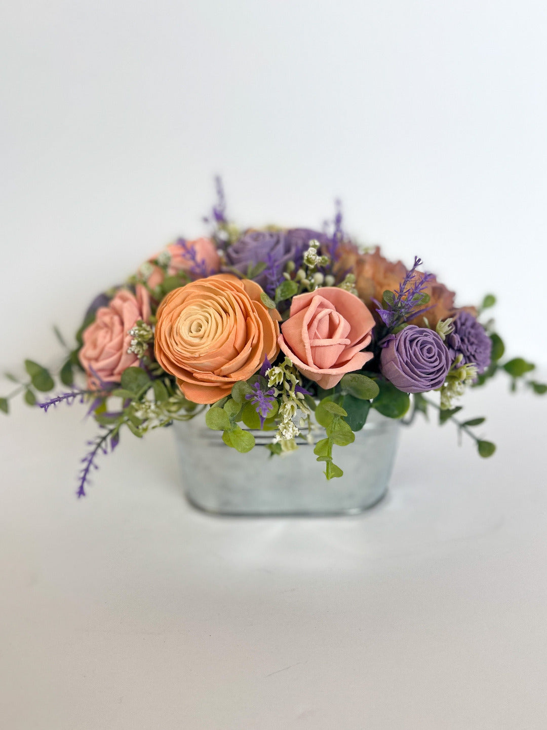 Wood Flowers in Galvanized Planters