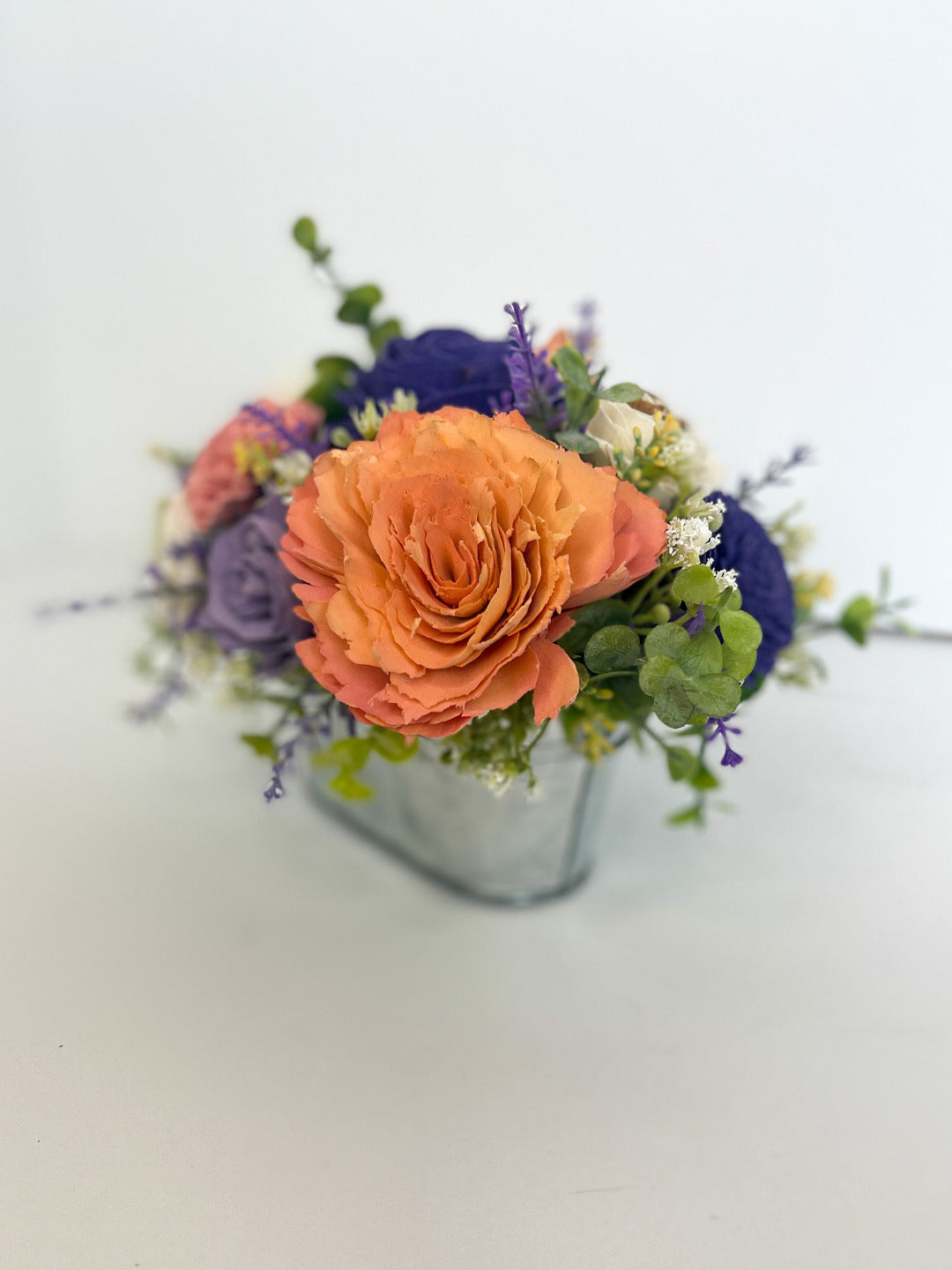 Wood Flowers in Galvanized Planters
