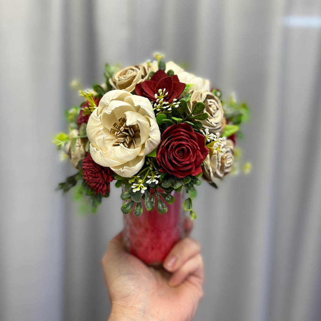 Candle Bouquet - Red & Ivory Rose on Apple Cinnamon Scent