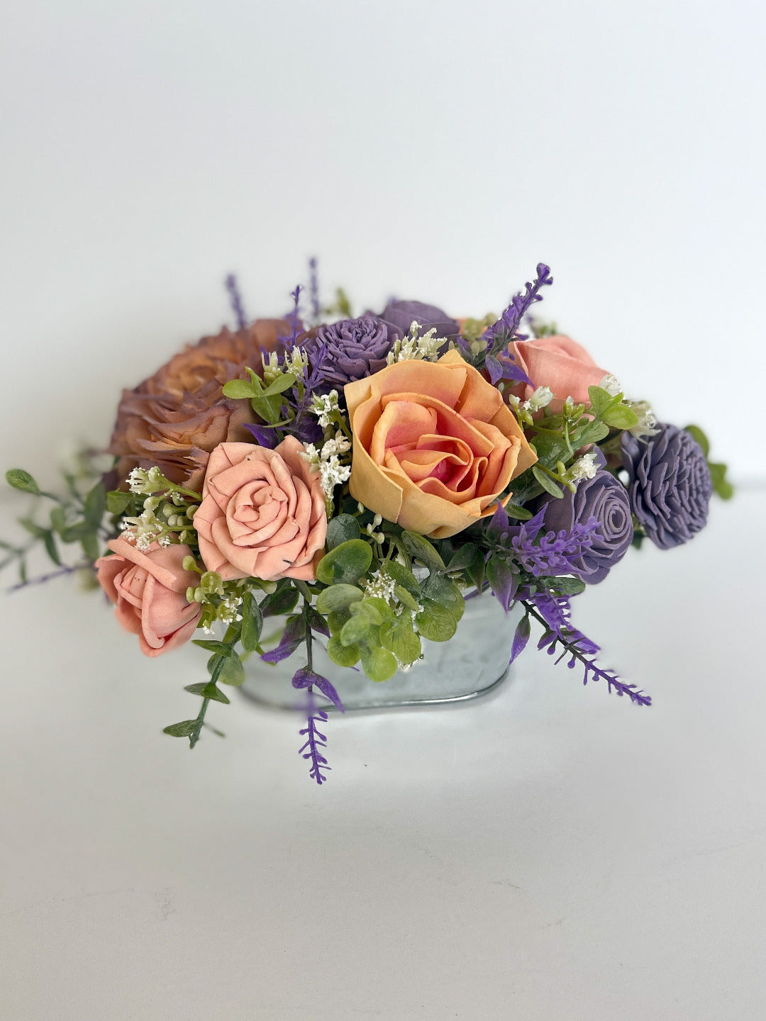 Wood Flowers in Galvanized Planters