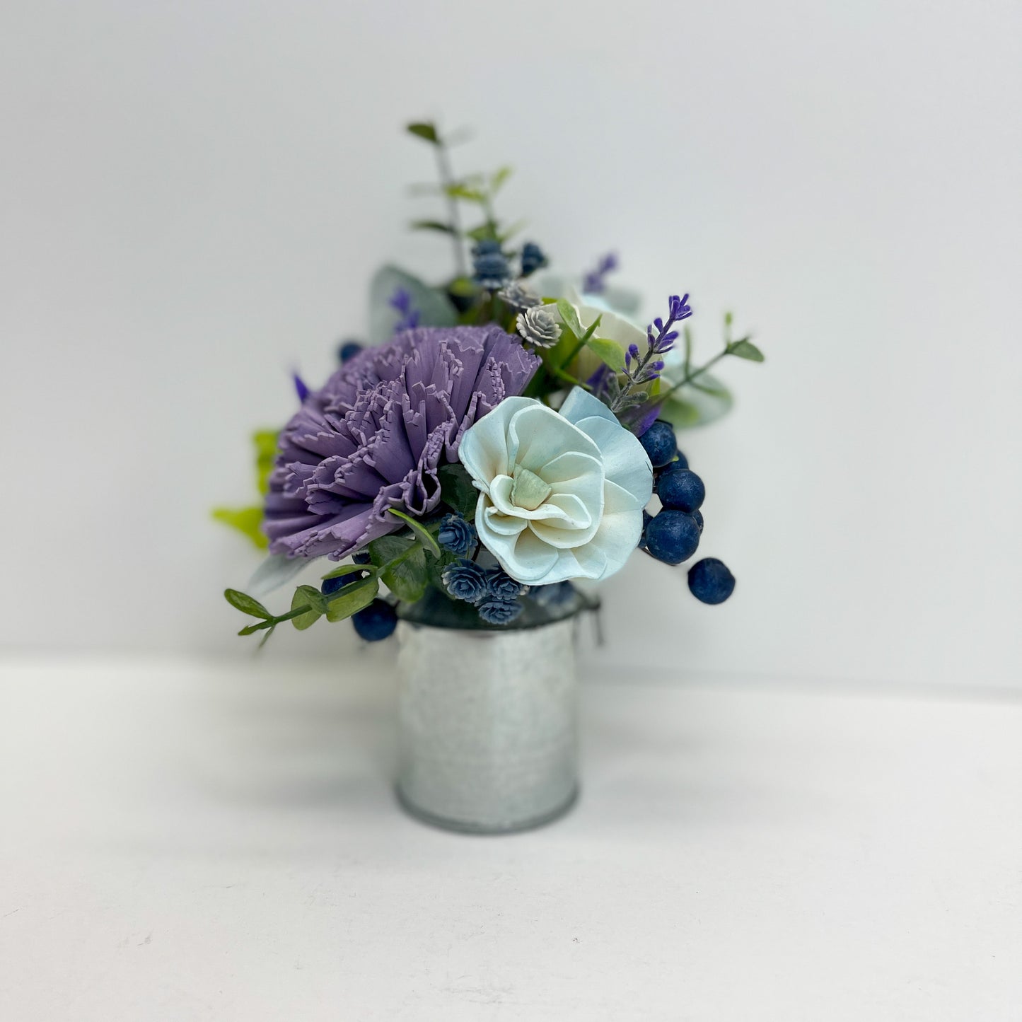 Mini Milk Can Bouquet - Dusty Purple and Blue Blossoms