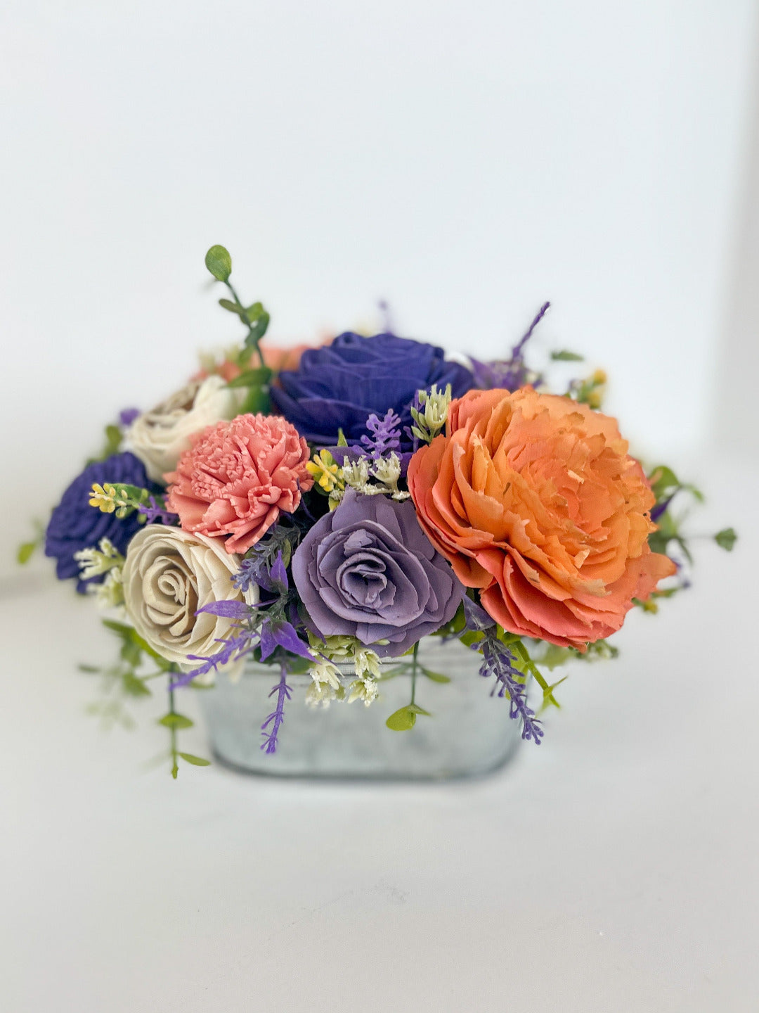 Wood Flowers in Galvanized Planters
