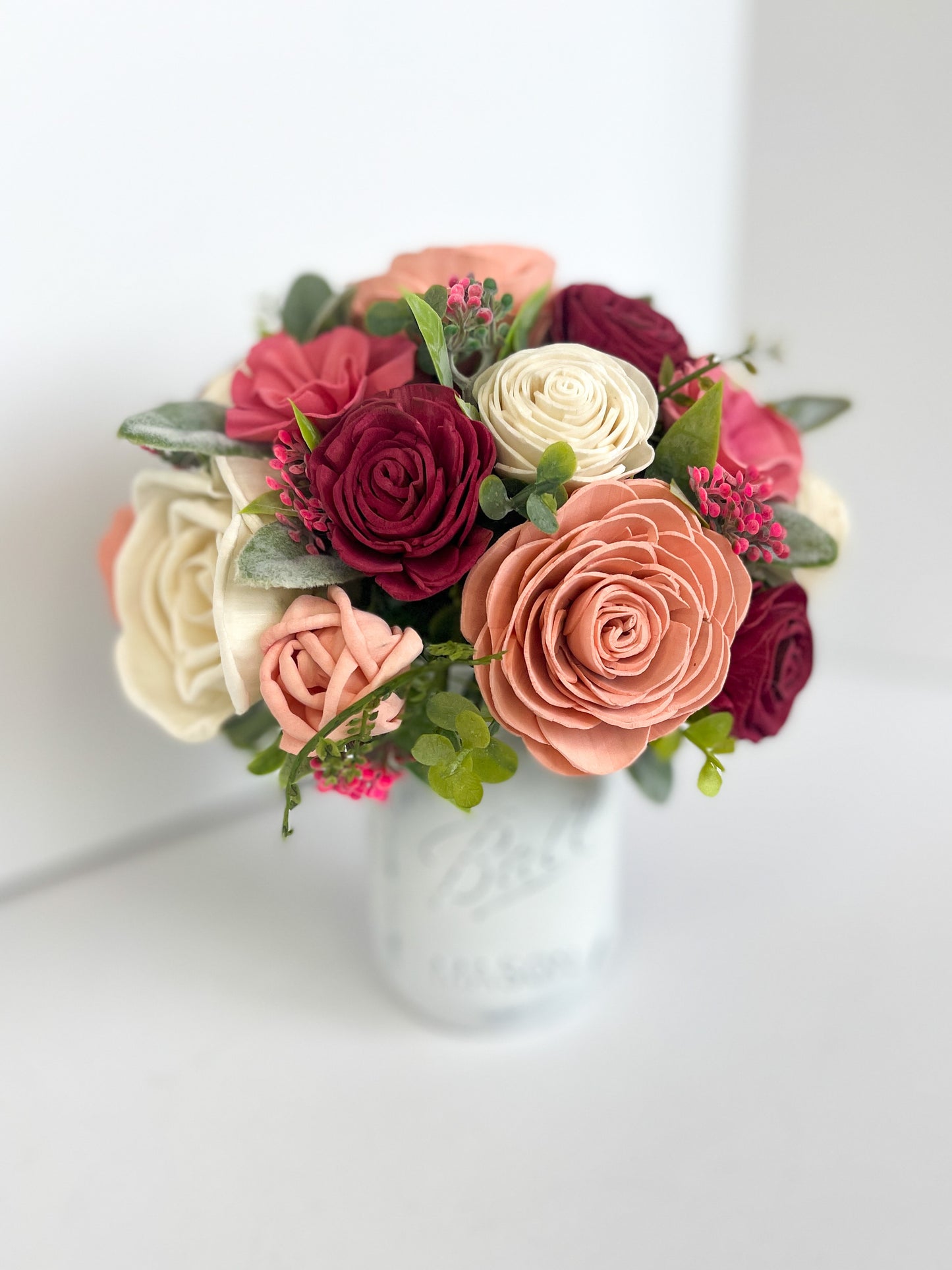 Pink Paradise Wood Flower Arrangement in Pint Mason Jar