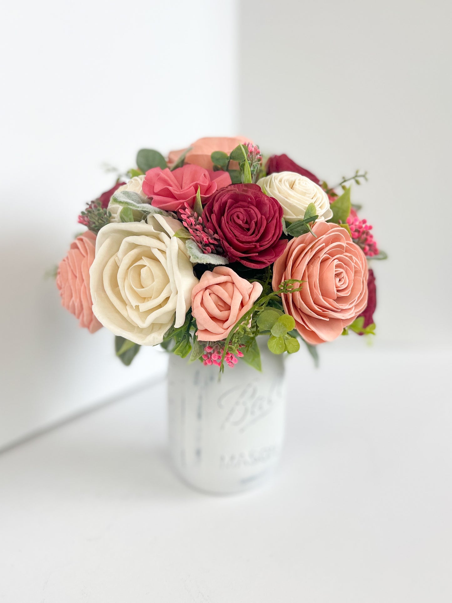 Pink Paradise Wood Flower Arrangement in Pint Mason Jar