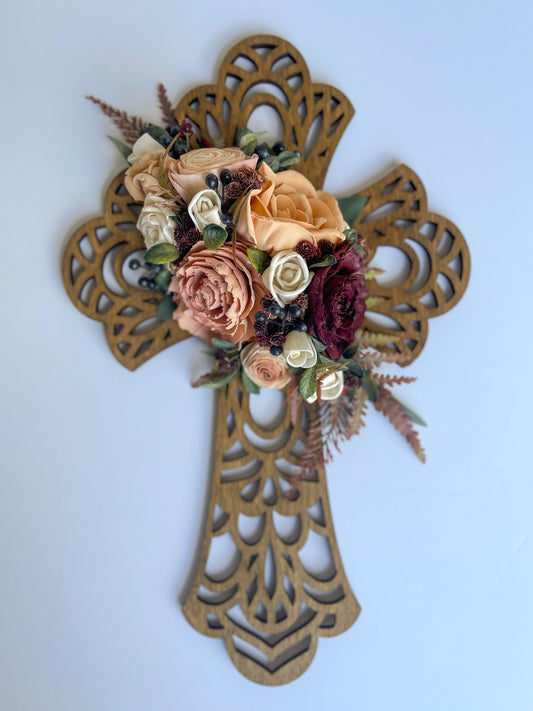 16 inch ornate wooden cross with handcrafted custom wooden florals 