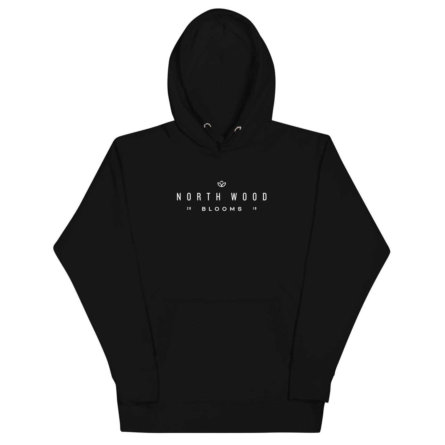 Black hoodie with "North Wood Blooms" written in white print.