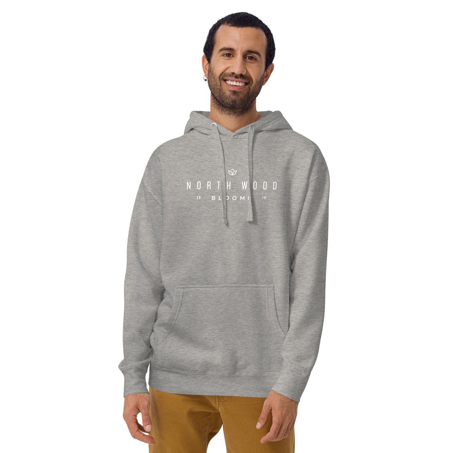 Light grey hoodie with "North Wood Blooms" written in white print.