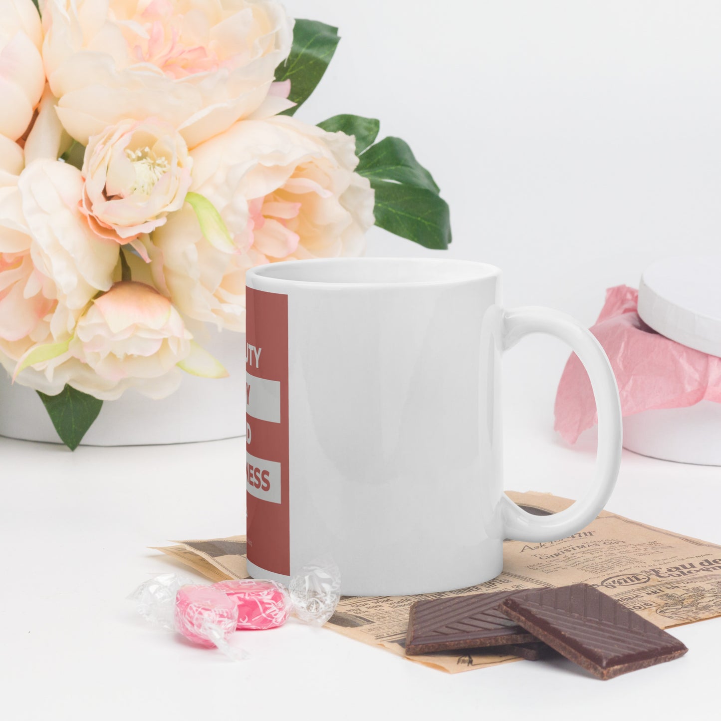 Beauty, Joy & Kindness White glossy mug