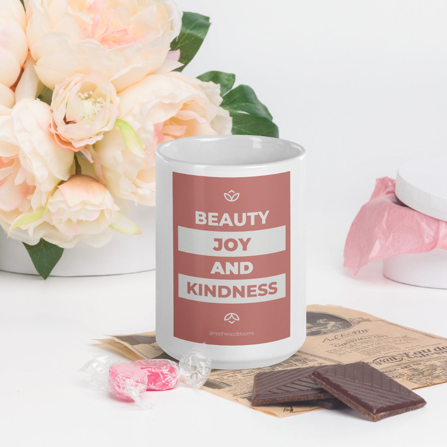 Beauty, Joy & Kindness White glossy mug