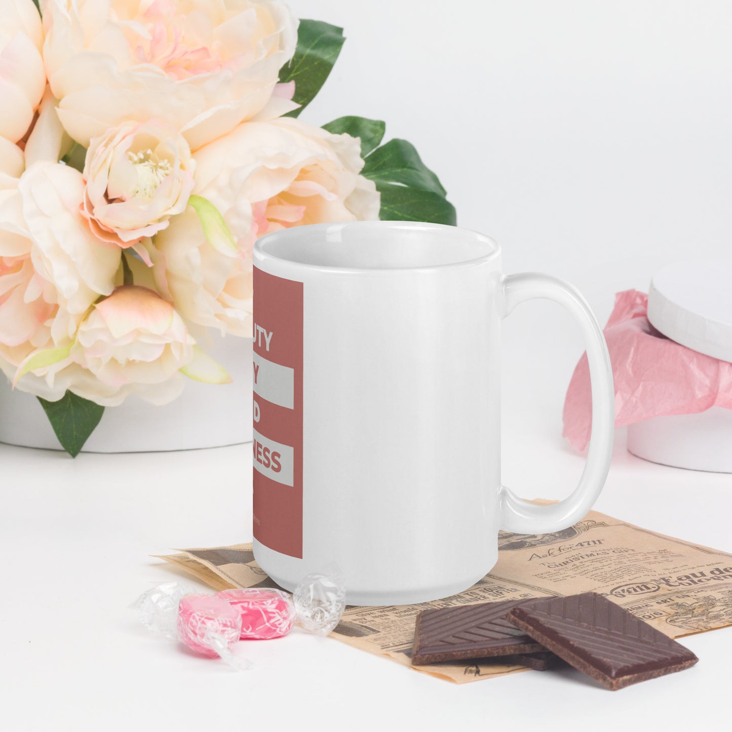 Beauty, Joy & Kindness White glossy mug