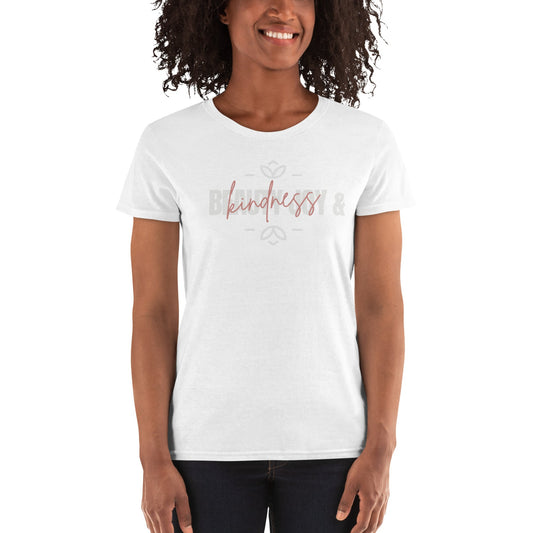 White "Beauty, Joy & Kindness" women's short sleeve fashion shirt.