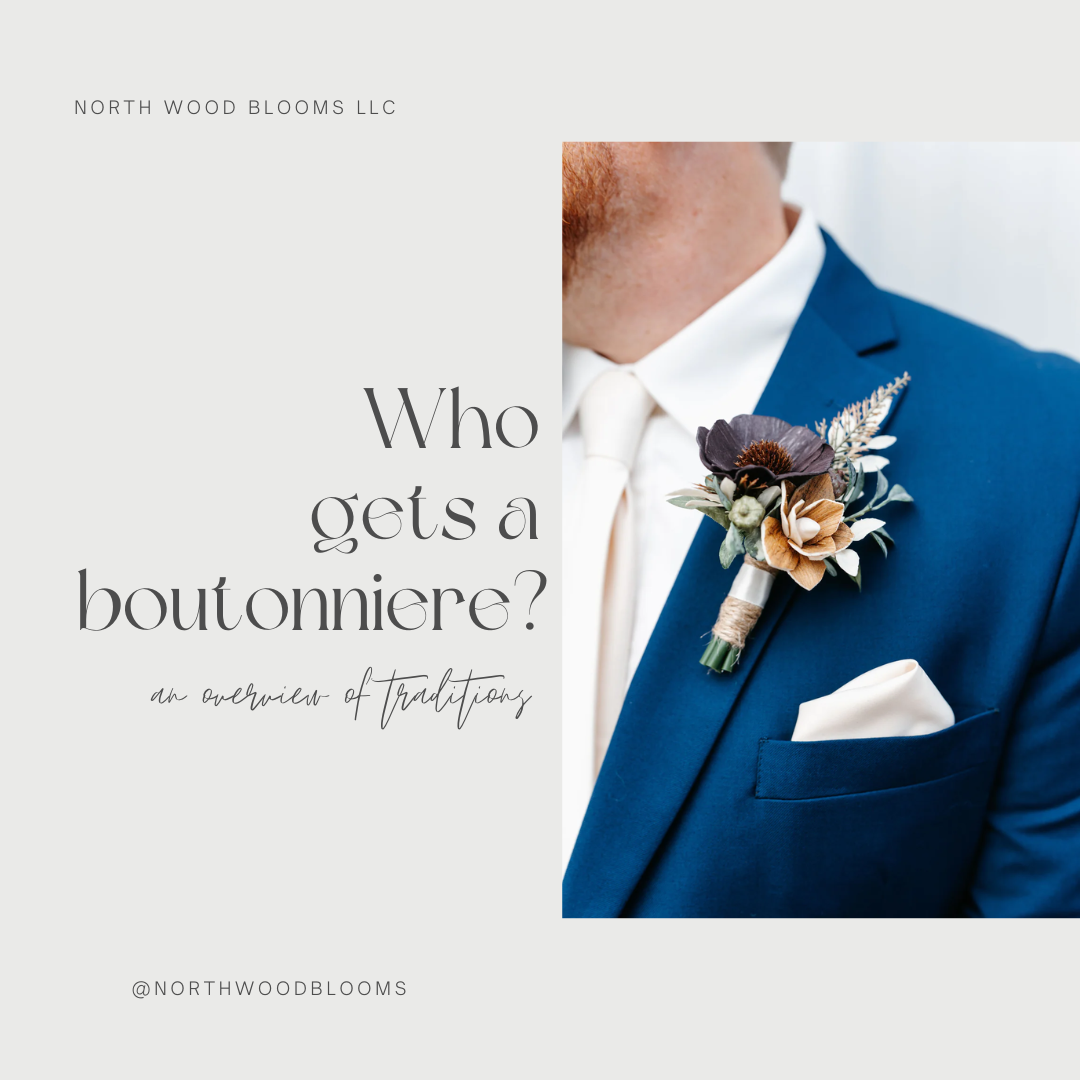 Dorthea of Chickadee Photo took a close up of a wood flower boutonniere by North Wood Blooms on a Blue Tux, featuring a plum thistle centered bloom with bark petal accent flower