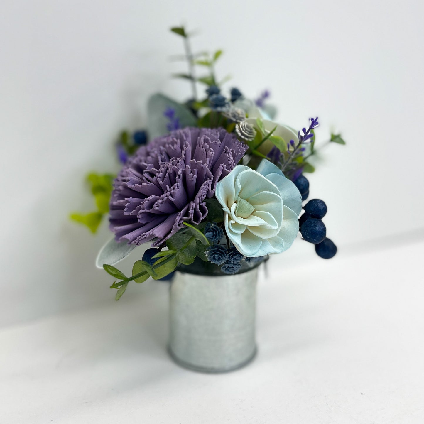 Mini Milk Can Bouquet - Dusty Purple and Blue Blossoms