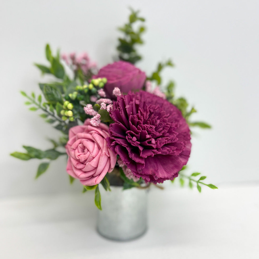Dark pink, light pink, and greenery wooden floral bouquet pair with vintage silver mini milk can. 
