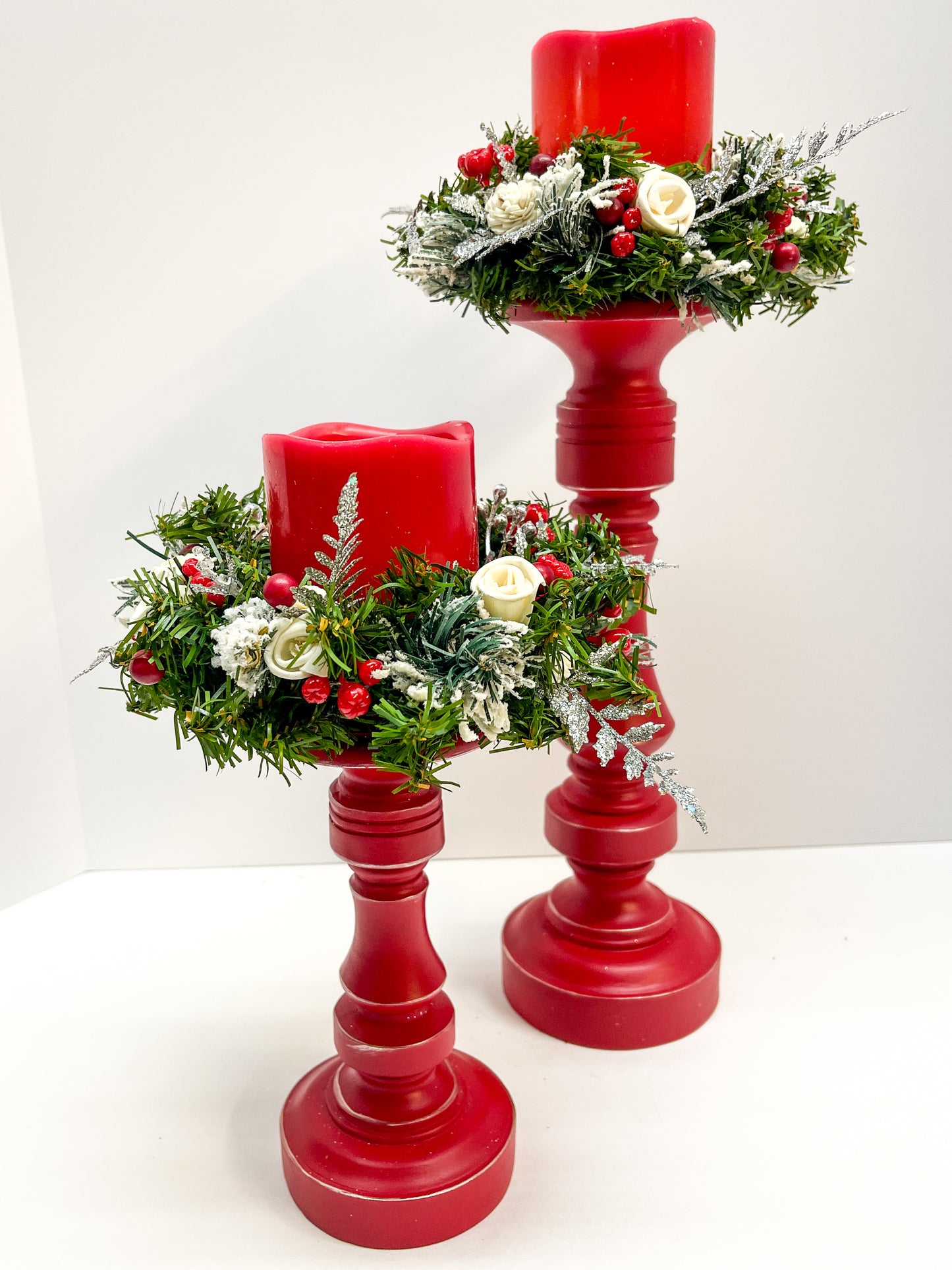 Candle Sticks Set with Wood Flower Wreaths - Batteries Included