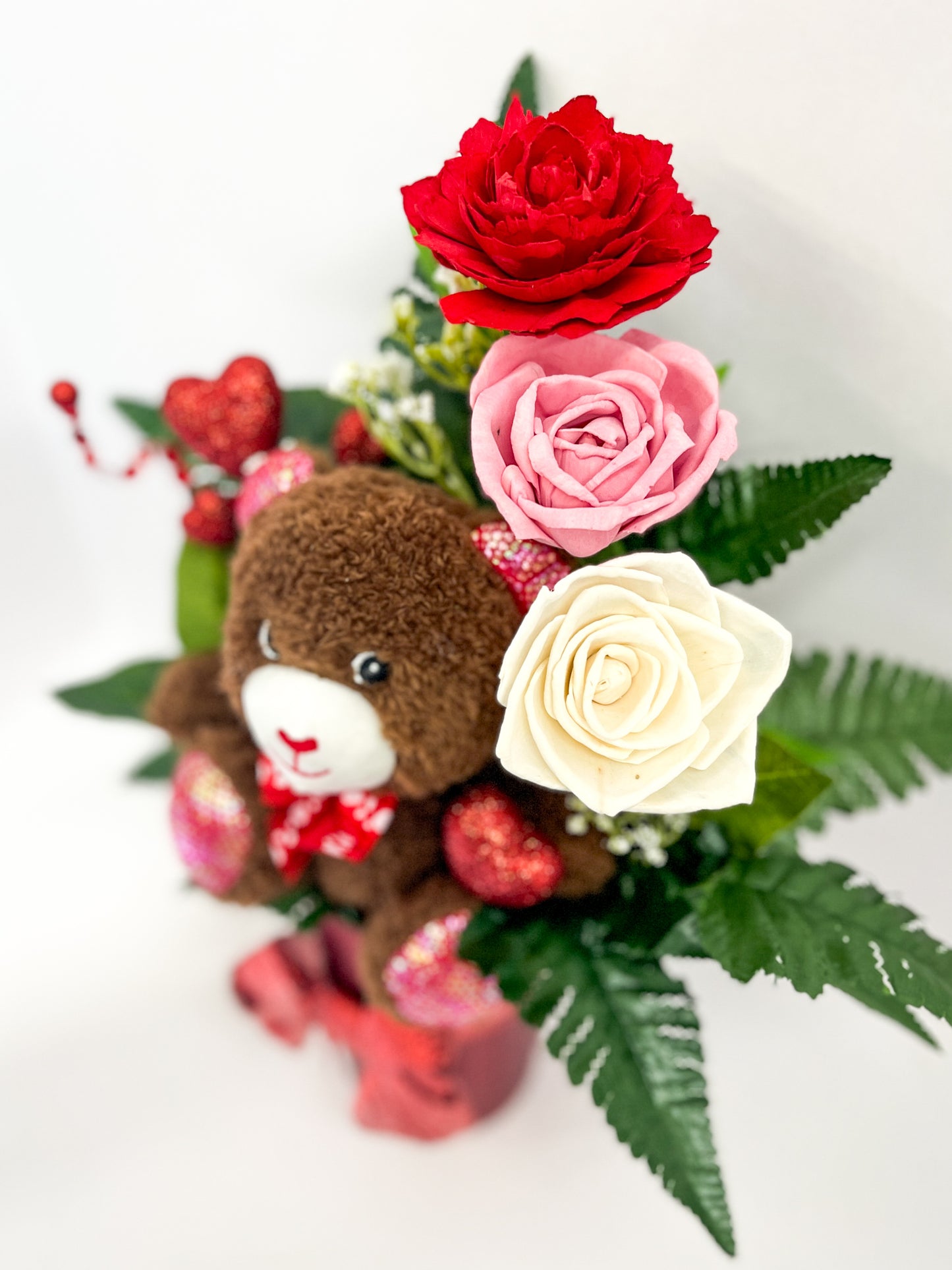 Wood Flower Trio Bouquet and Bear in Foiled Paper Vase