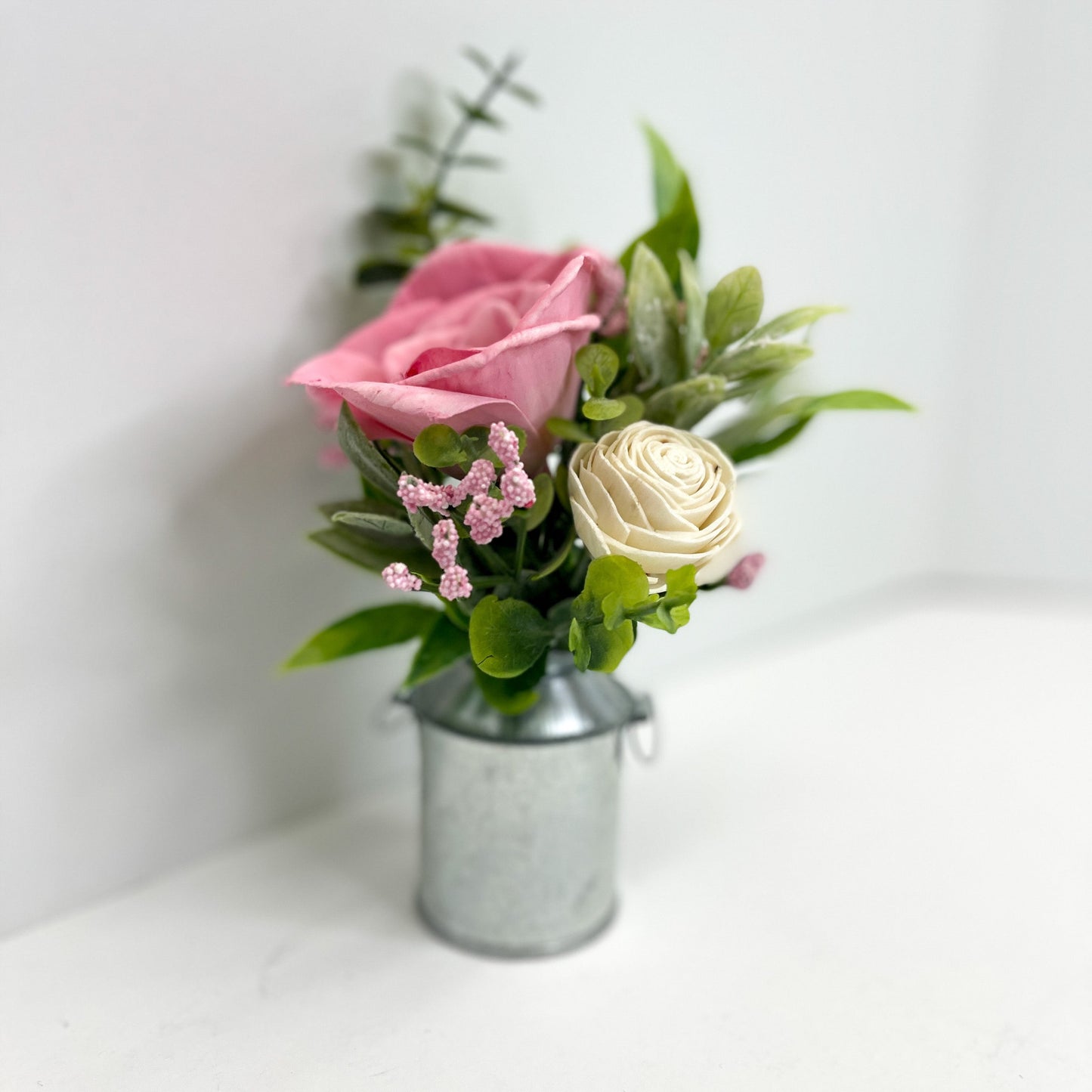 Pink and White Rose Mini Milk Can