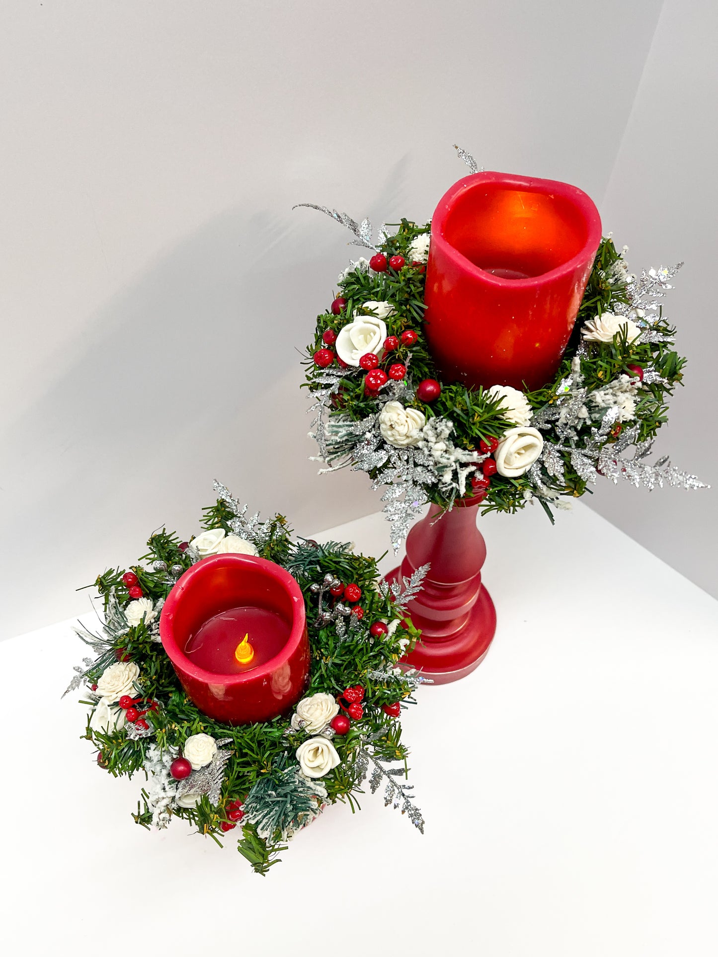 Candle Sticks Set with Wood Flower Wreaths - Batteries Included