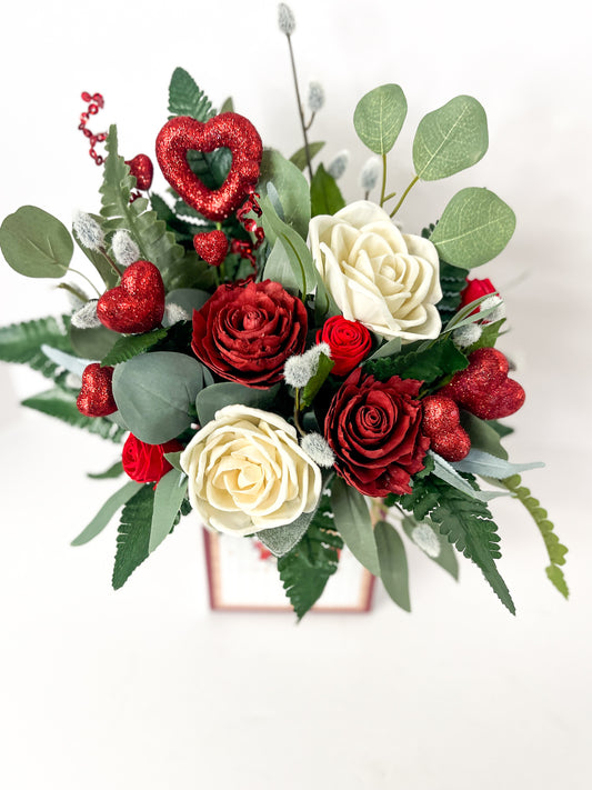 Red and White Rose Valentine Box 7 Bloom Bouquet