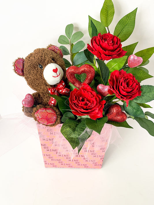 Red Rose Valentine Box Teddy Trio Bouquet