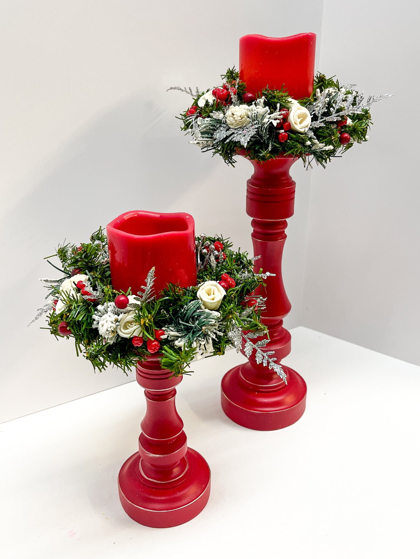 Candle Sticks Set with Wood Flower Wreaths - Batteries Included