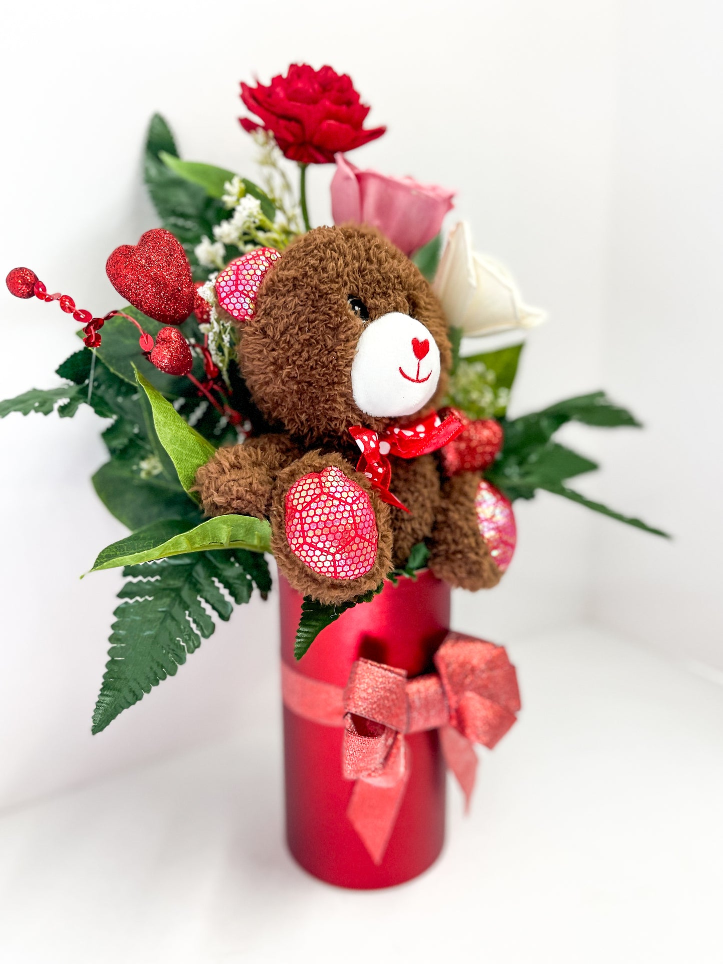 Wood Flower Trio Bouquet and Bear in Foiled Paper Vase
