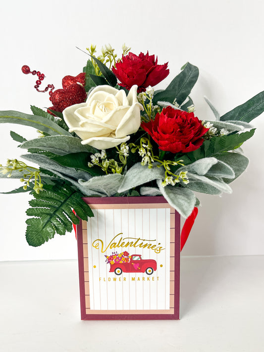 Red and White Rose Valentine Box Trio Bouquet