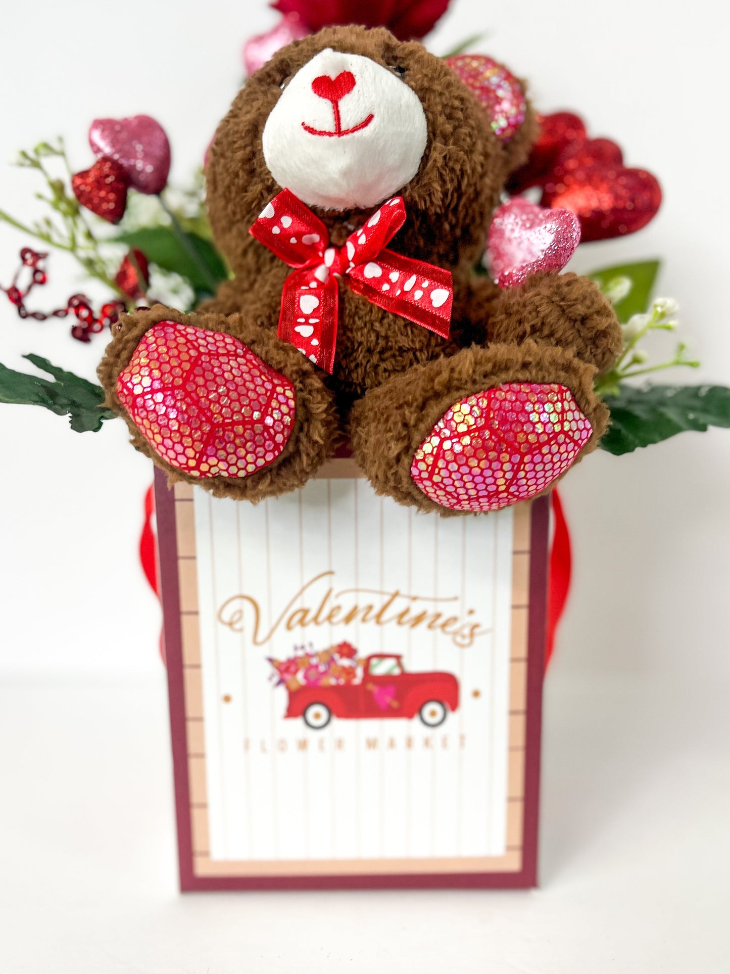 Single Stem Valentine Box Teddy Trio Bouquet
