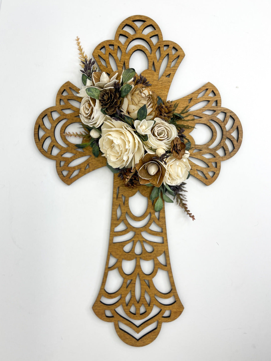 16 inch ornate wooden cross with handcrafted wooden Northwoods florals