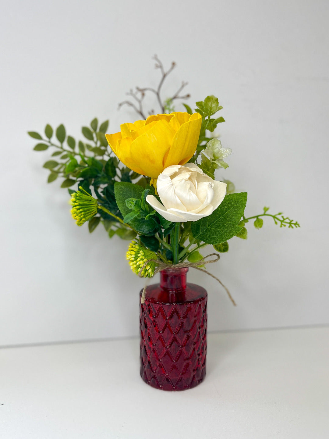 Yellow & Ivory Wooden Peonies, Red Bud Vase