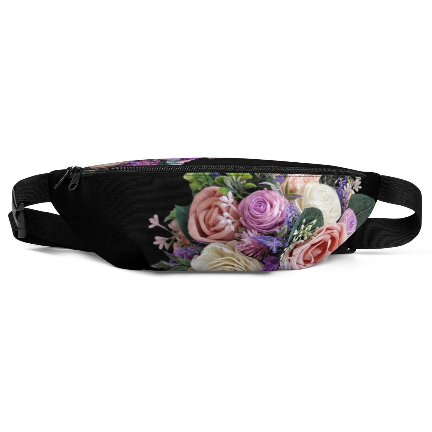 Black fanny pack with pink, purple. and ivory floral design. 