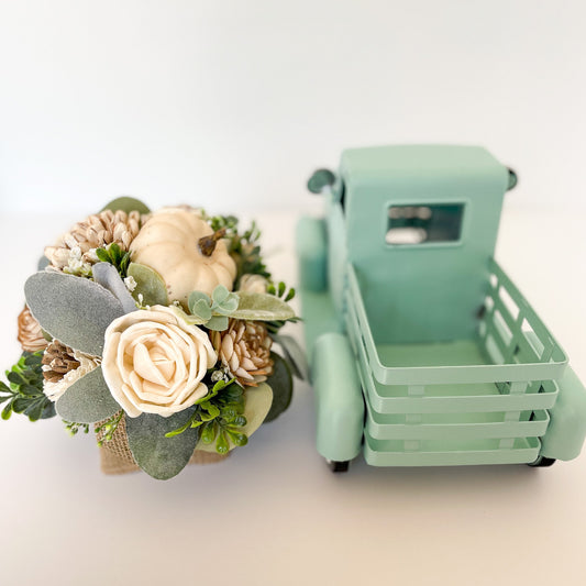 Ivory and green wooden floral arrangement INSERT for small truck decoration.