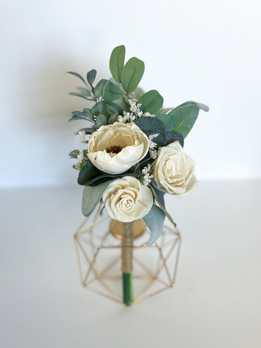 Ivory and greenery wooden floral bouquet places in glass vase with gold. (Only flowers included in purchase)