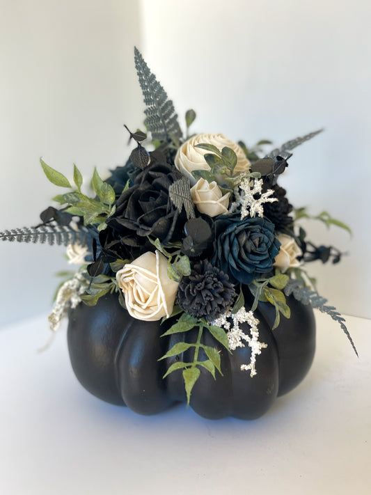Large Pumpkin Bouquet Centerpiece - Black, Twilight Blue and Ivory