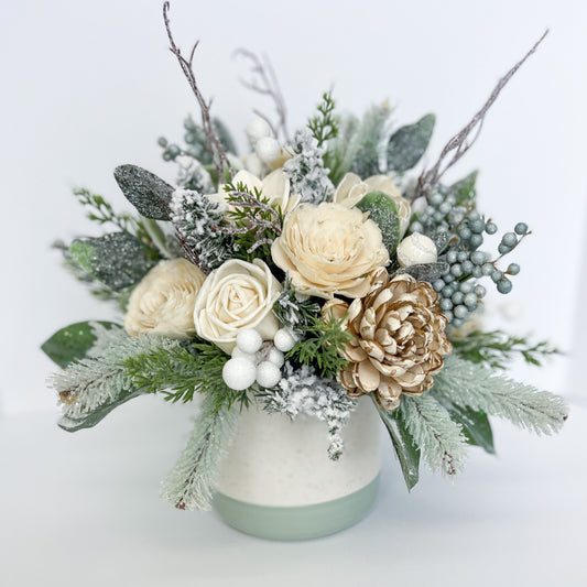 Ceramic white and light green planter paired with frosted ivory and pine handcrafted wooden bouquet. (bouquet sold seperately) 