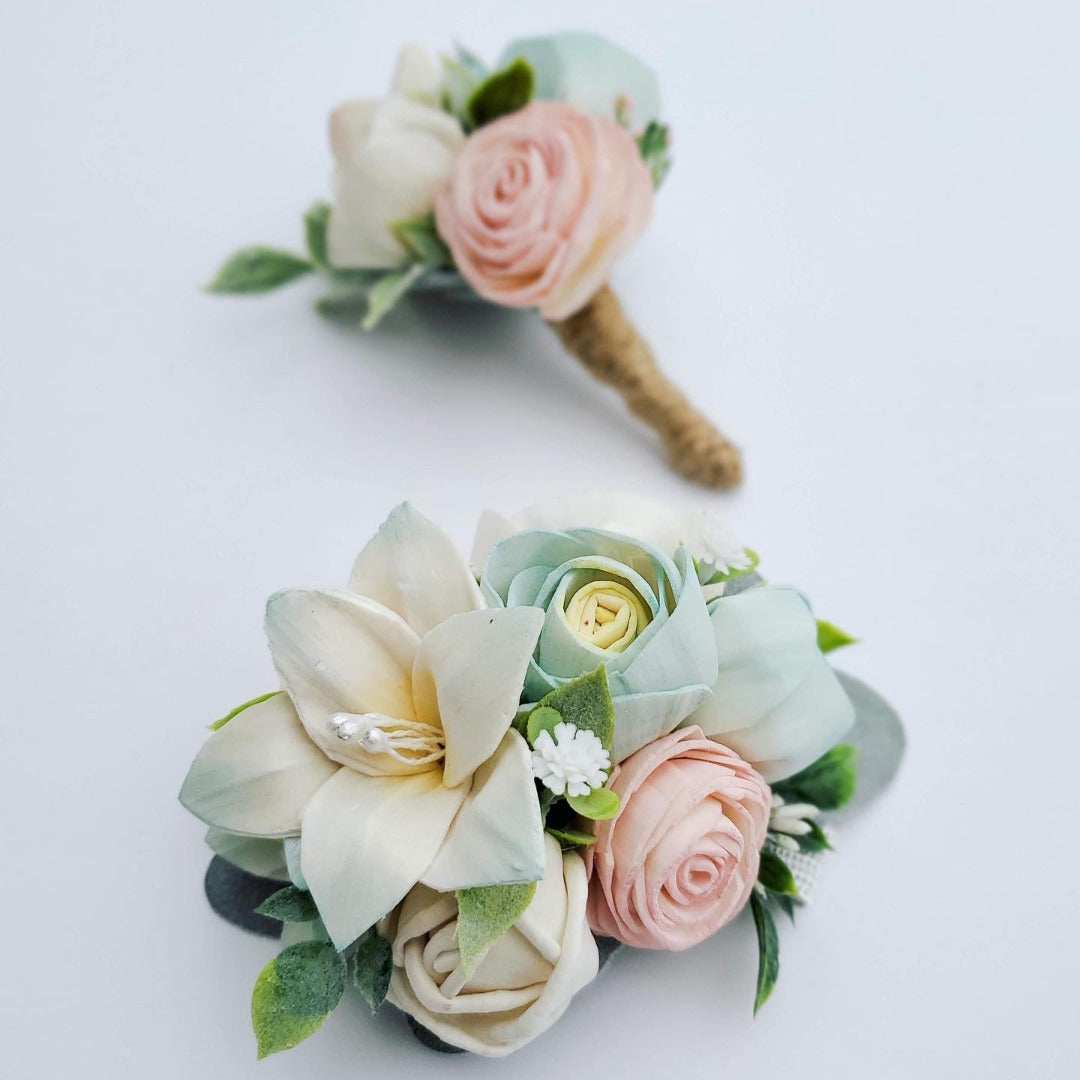 Handcrafted, wooden, and customizable everlasting corsage and boutonniere for prom and special occasions. 
