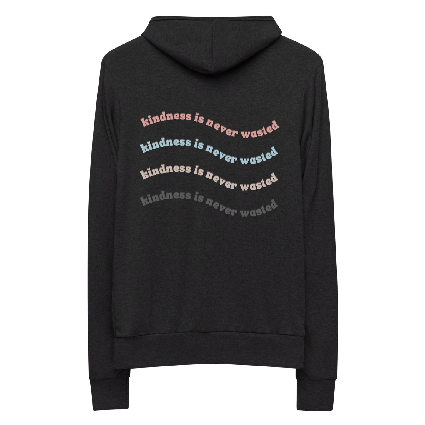 Black unisex "kidness if never wasted" hoodie with print in pink, blue, yellow, and grey. 