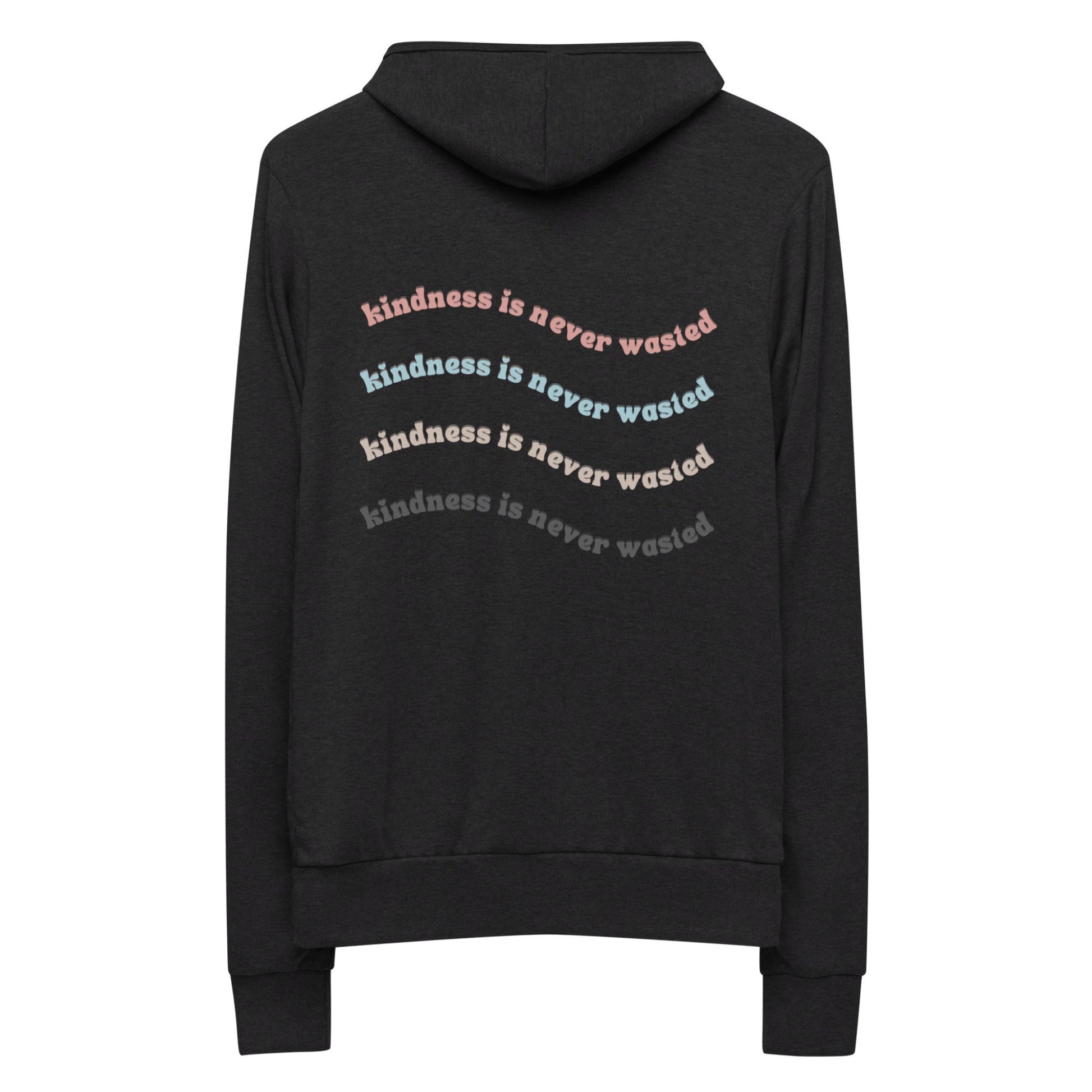 Black unisex "kidness if never wasted" hoodie with print in pink, blue, yellow, and grey. 