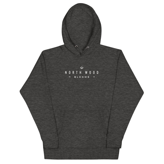Charcoal grey hoodie with "North Wood Blooms" written in white print. 
