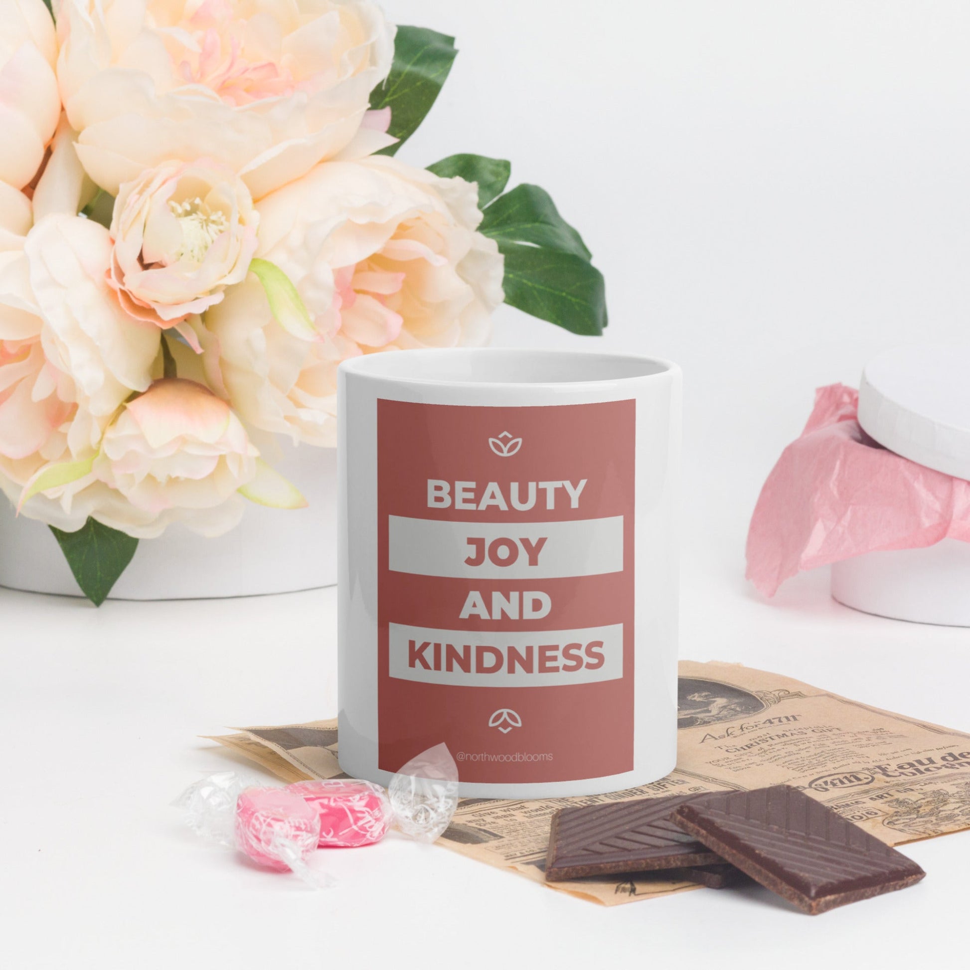 pink and white "Beauty, Joy & Kindess" glossy mug perfect for hot drinks