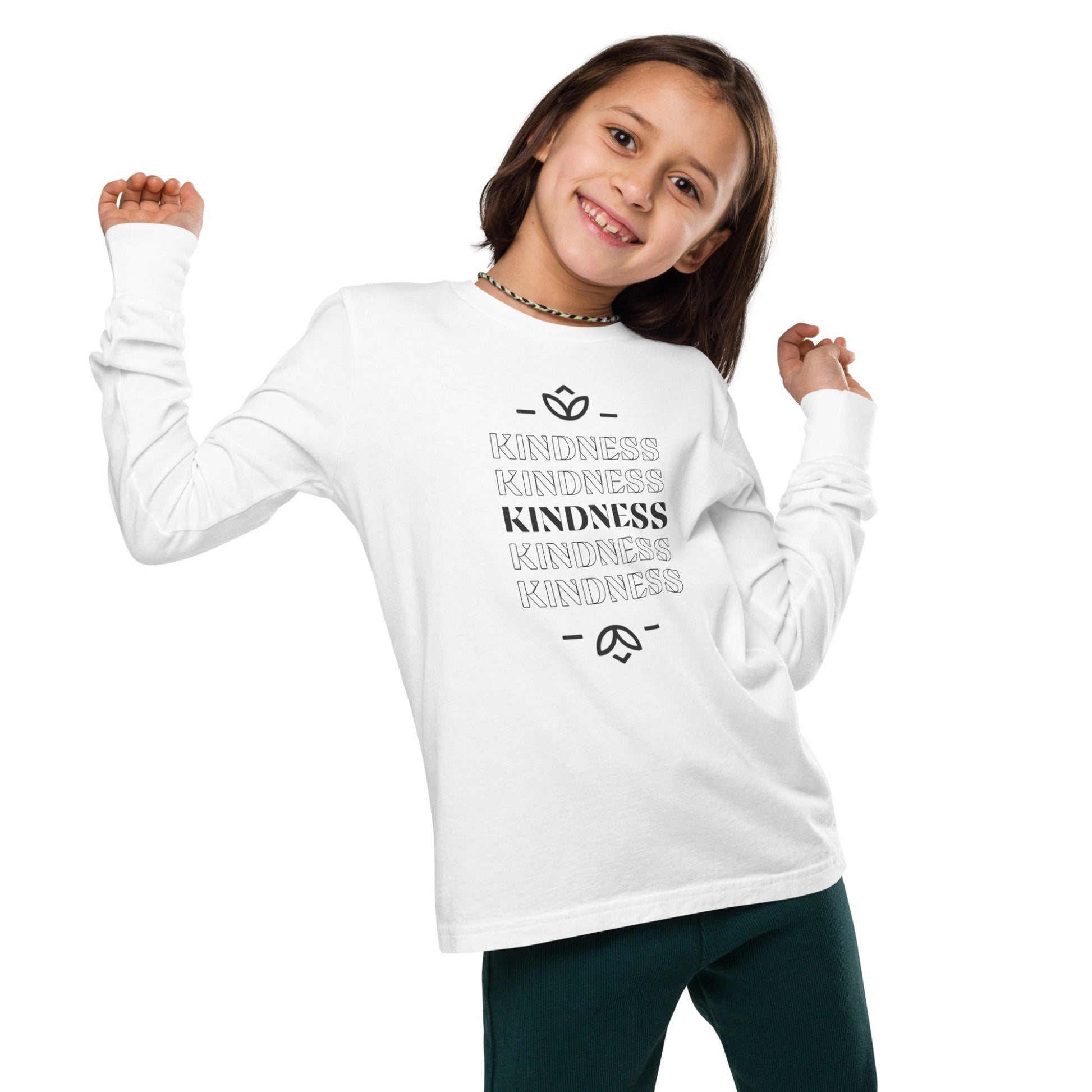 Youth sized white long sleeve shirt with "kidness" x5 written in black print. 
